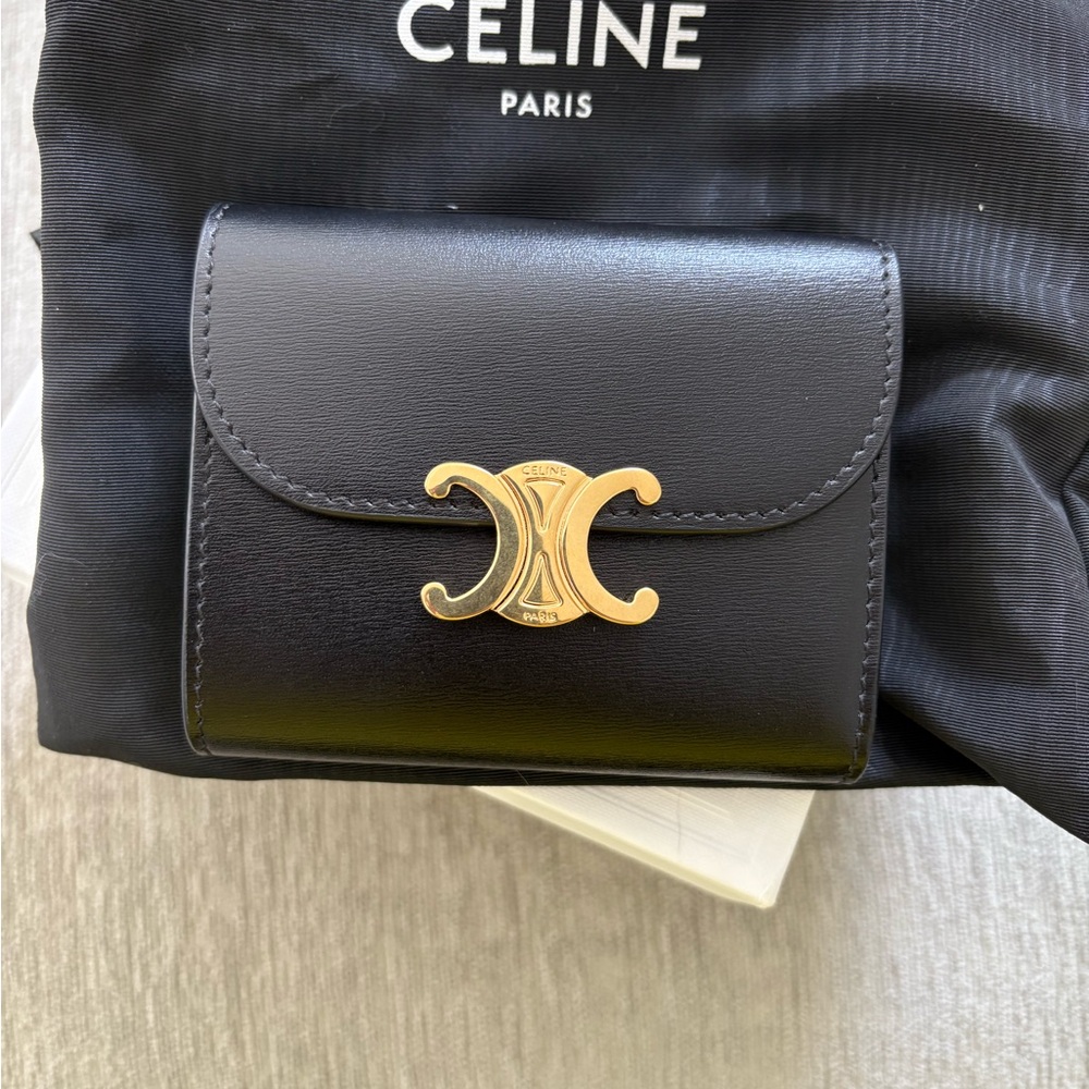 NWT Celine Black Leather Wallet with Gold Accent. Authentic